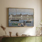 Gold floater framed canvas of The Basin at Argenteuil, 1874 by Claude Monet, featuring an impressionist boating scene with clustered masts and gentle ripples above a sideboard in a softly lit hallway.