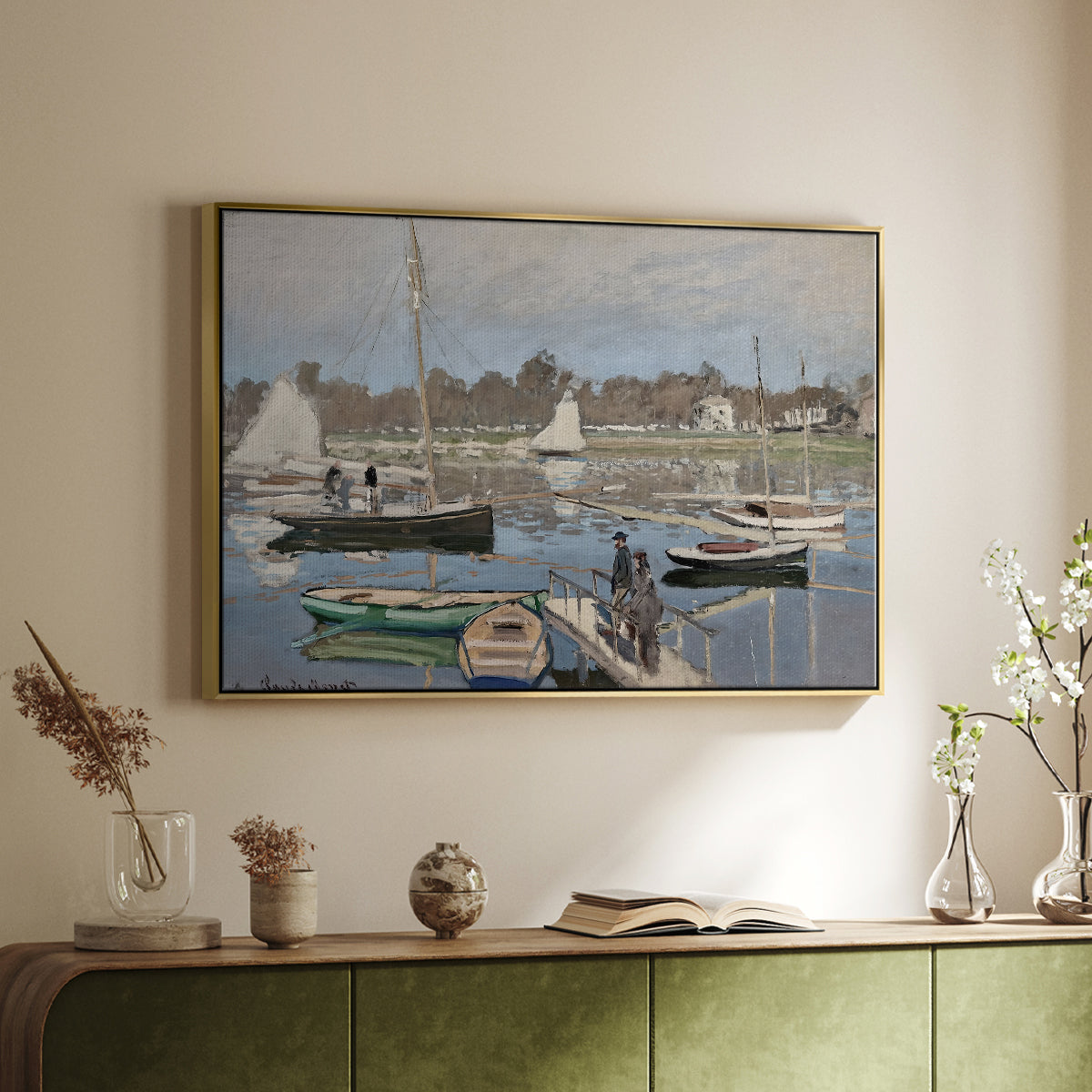 Gold floater framed canvas of The Basin at Argenteuil, 1874 by Claude Monet, featuring an impressionist boating scene with clustered masts and gentle ripples above a sideboard in a softly lit hallway.
