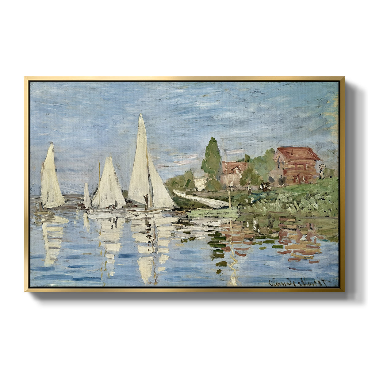 Regatta at Argenteuil, 1872 by Claude Monet in a gold floater framed canvas wall art display.