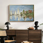 Regatta at Argenteuil, 1872 by Claude Monet displayed in a gold floater framed canvas above a dark wood credenza in an entryway.