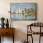 Regatta at Argenteuil, 1872 by Claude Monet as a gold floater framed canvas featuring an impressionist depiction of sailing competition on water, styled above a mid-century console in a contemporary living area.