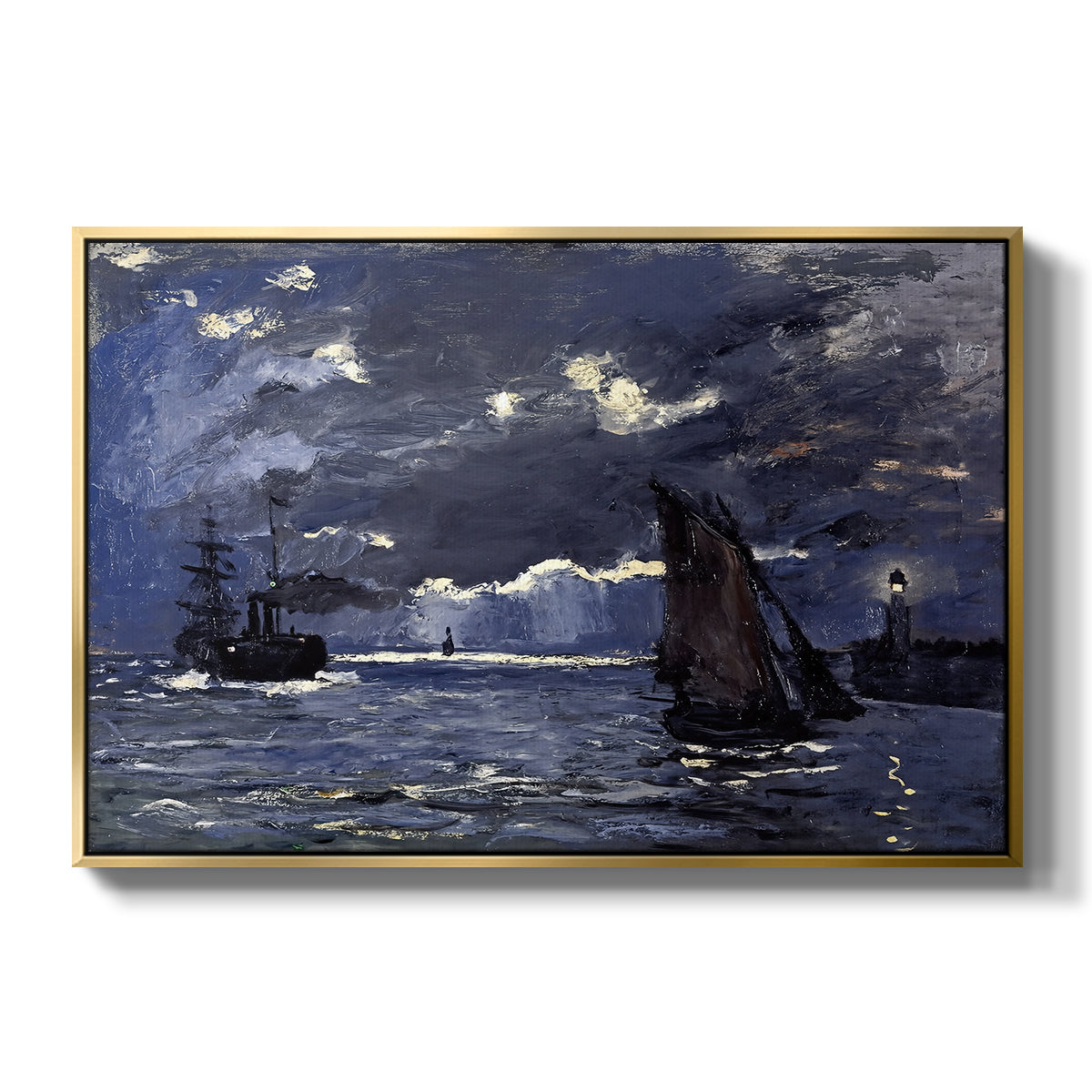 A Seascape, Shipping by Moonlight, 1864 by Claude Monet in a gold floater framed canvas wall art display.