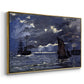 Angled view of A Seascape, Shipping by Moonlight, 1864 by Claude Monet in a gold floater framed canvas.