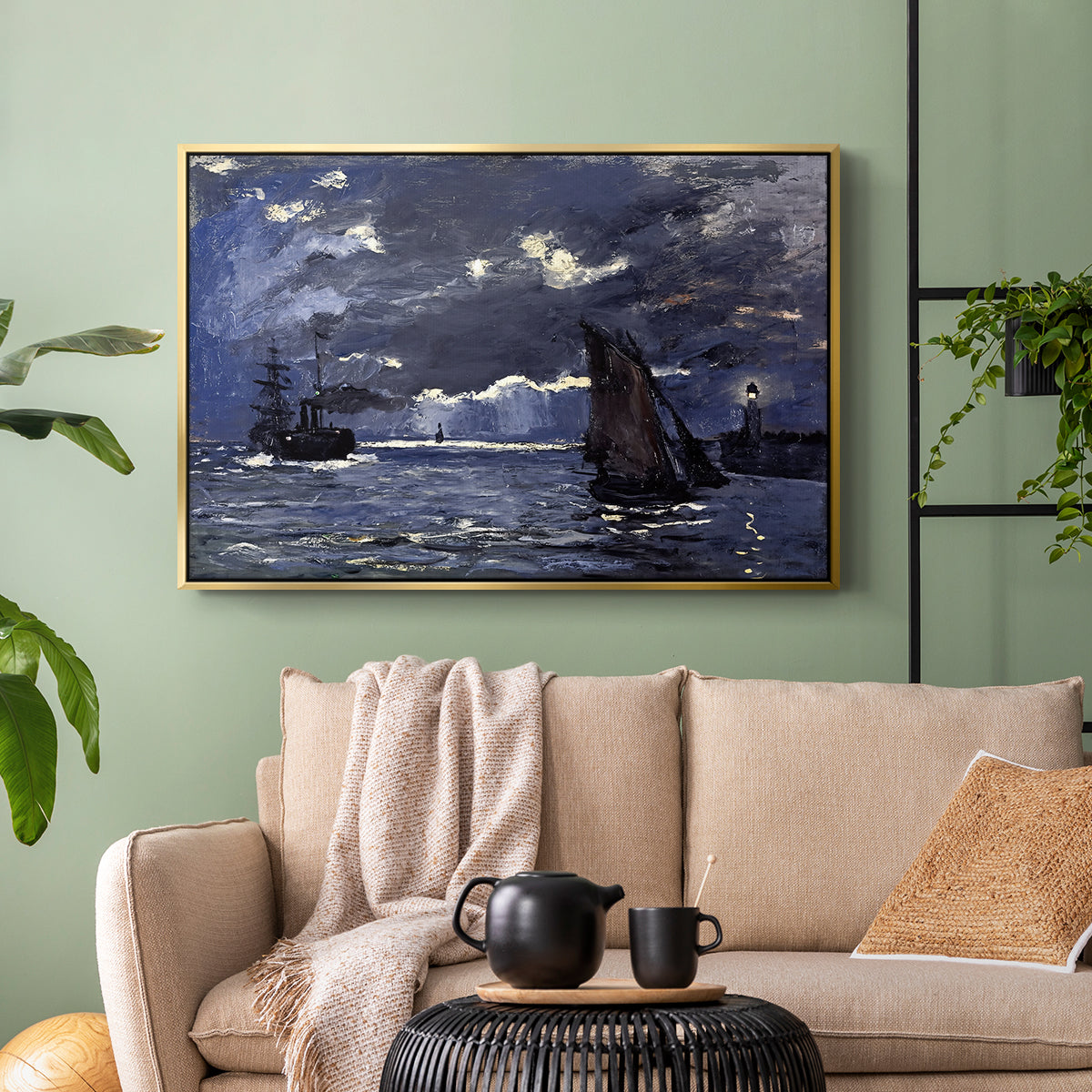 Gold floater framed canvas featuring an atmospheric maritime view with ships in moonlit darkness, displayed above a sofa in a modern living room.