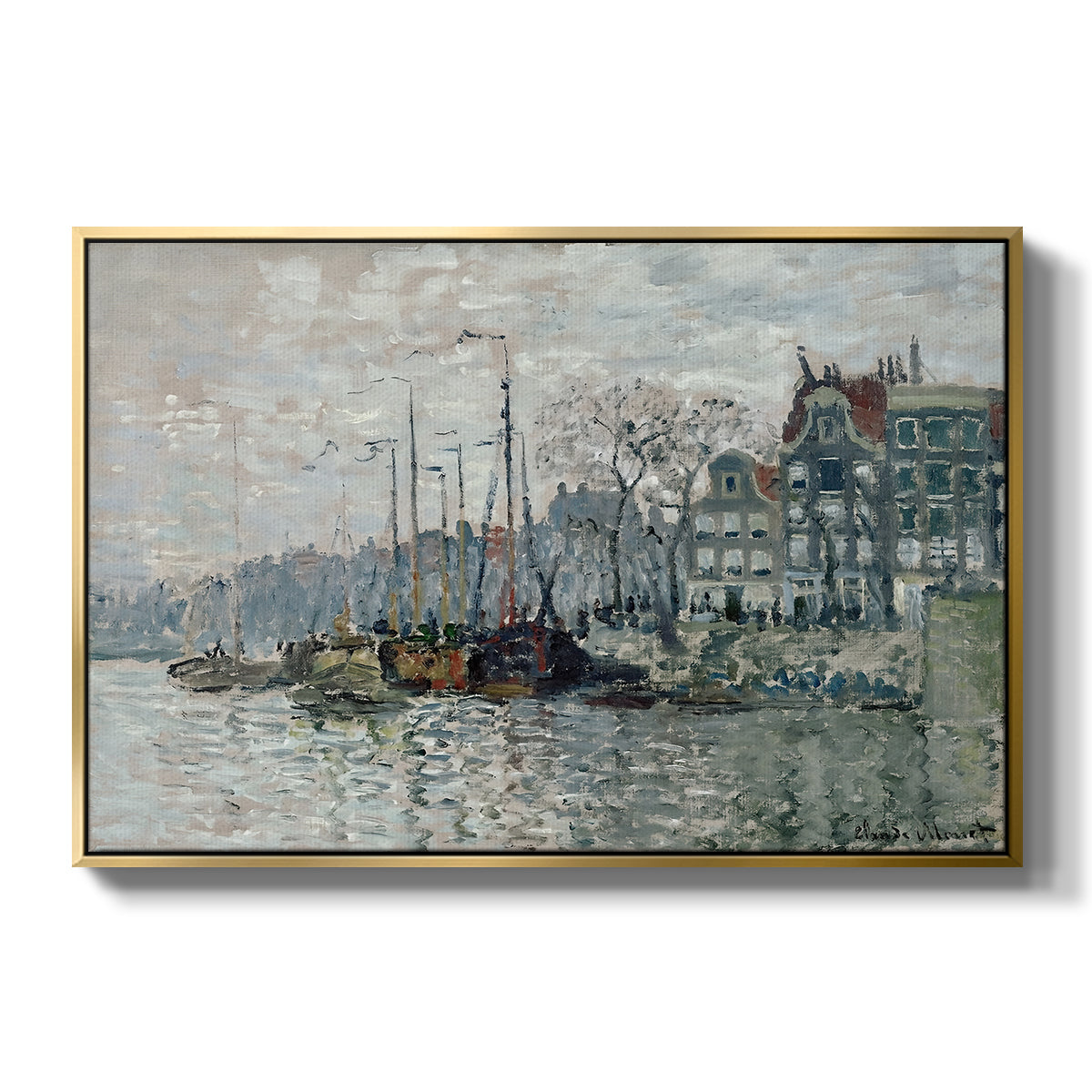 View of the Prins Hendrikkade and Kromme Waal in Amsterdam, 1874 by Claude Monet in a gold floater framed canvas wall art display.
