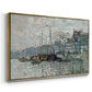Angled view of View of the Prins Hendrikkade and Kromme Waal in Amsterdam, 1874 by Claude Monet in a gold floater framed canvas.