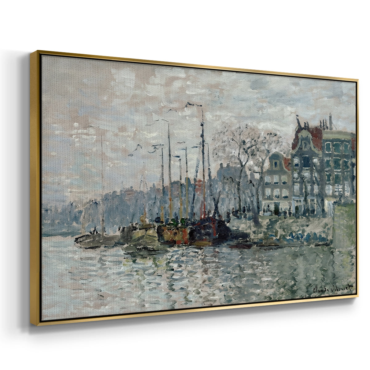Angled view of View of the Prins Hendrikkade and Kromme Waal in Amsterdam, 1874 by Claude Monet in a gold floater framed canvas.