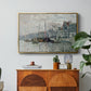 View of the Prins Hendrikkade and Kromme Waal in Amsterdam, 1874 by Claude Monet in a gold floater framed canvas featuring a canal scene with boats and buildings lining waterfront in Amsterdam, displayed above a wood console cabinet.