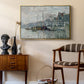 View of the Prins Hendrikkade and Kromme Waal in Amsterdam, 1874 by Claude Monet as a gold floater framed canvas featuring an urban waterway with docked boats and European buildings, styled above a mid-century console in a contemporary living area.