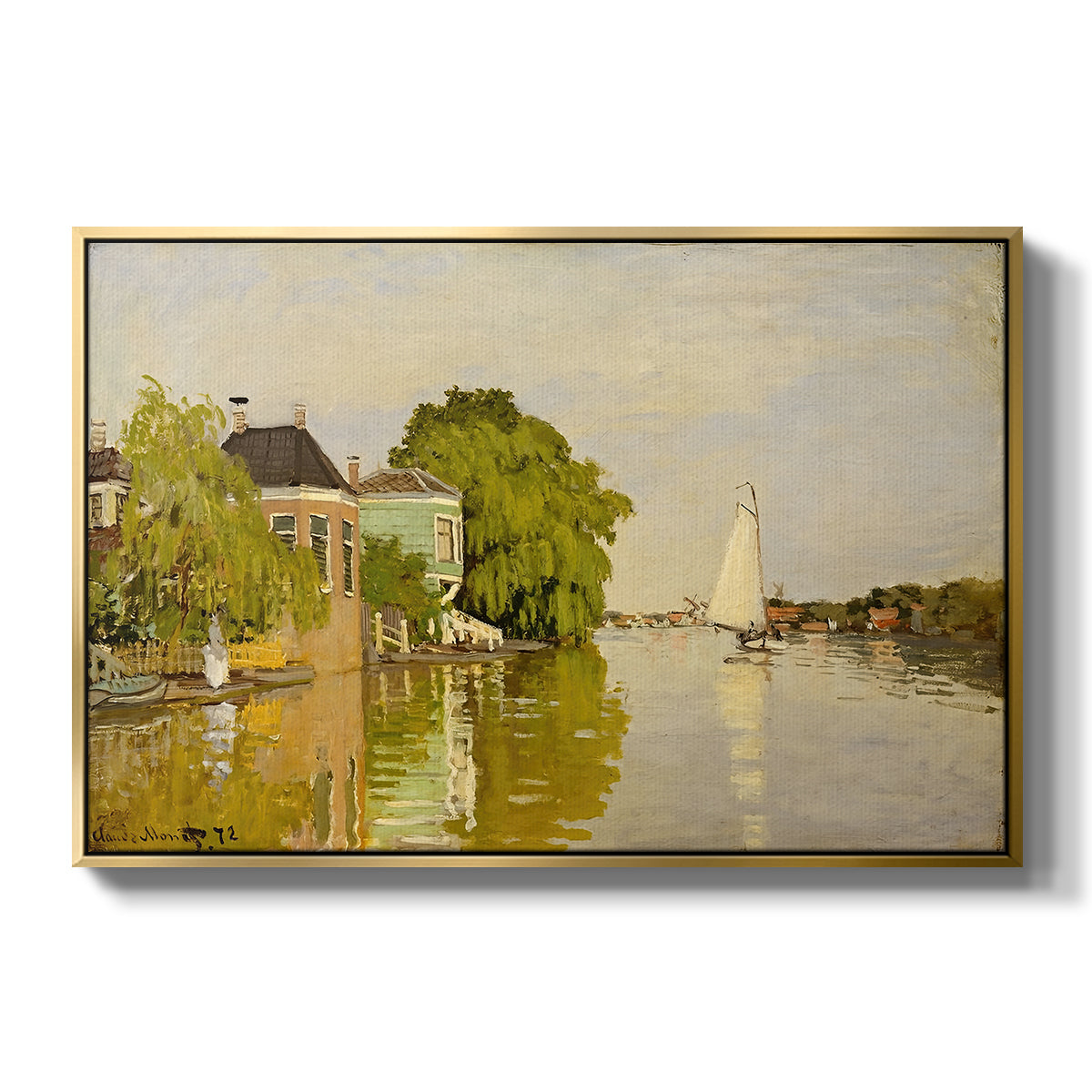 Houses on the Achterzaan, 1871 by Claude Monet in a gold floater framed canvas wall art display.