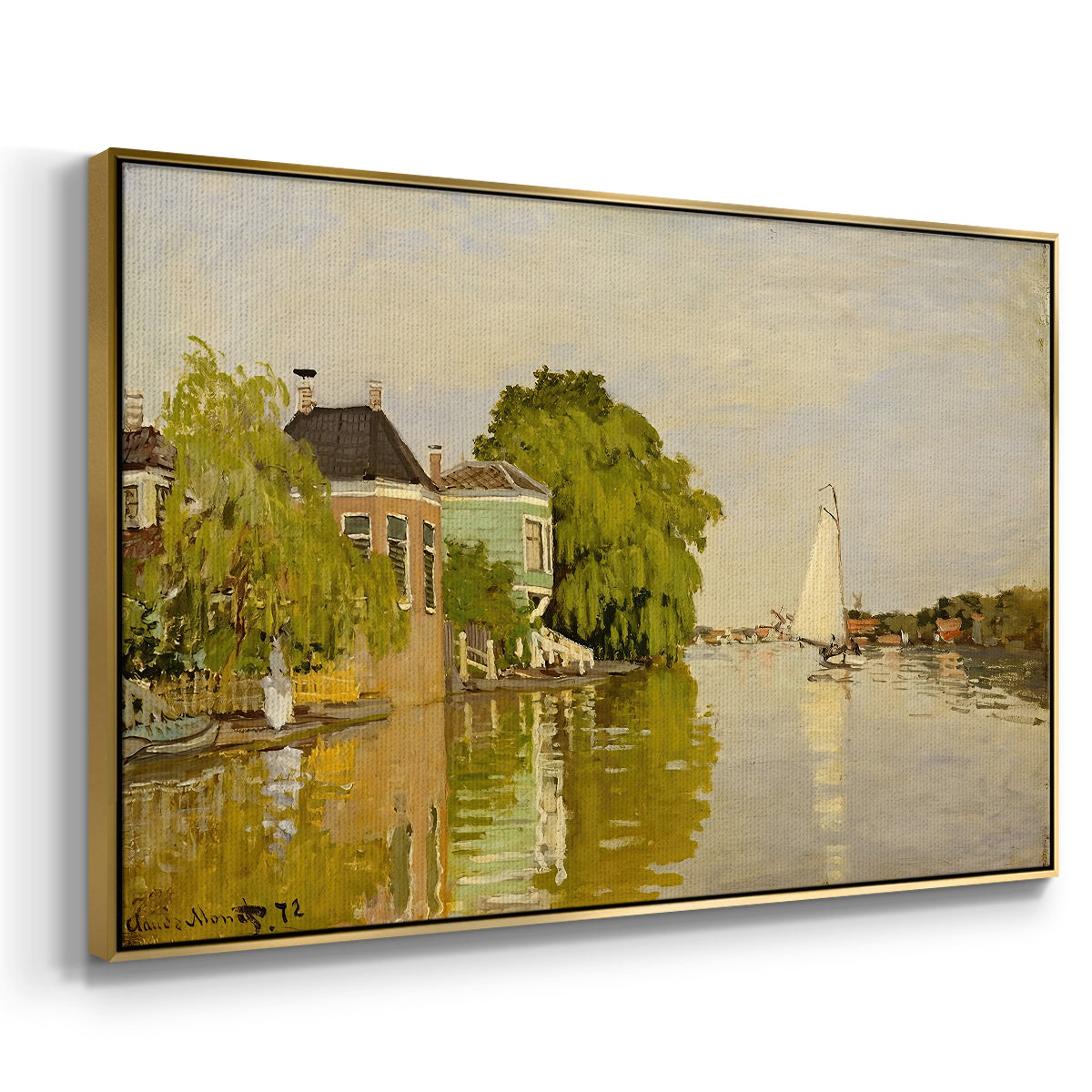 Angled view of Houses on the Achterzaan, 1871 by Claude Monet in a gold floater framed canvas.