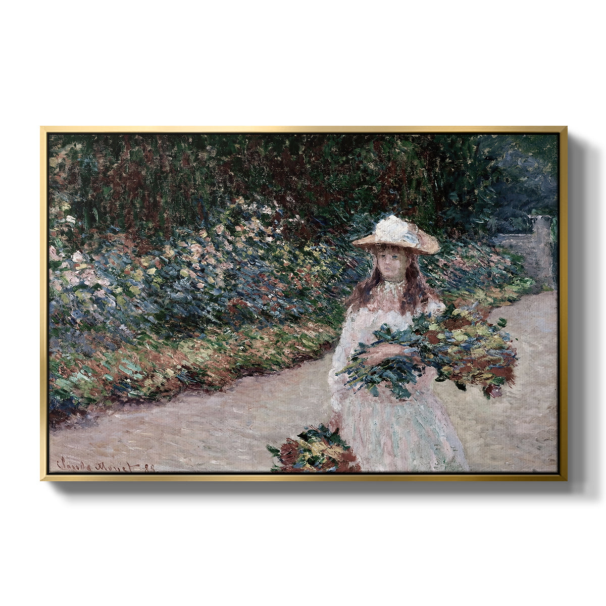 Young Girl in the Garden at Giverny, 1888 by Claude Monet in a gold floater framed canvas wall art display.