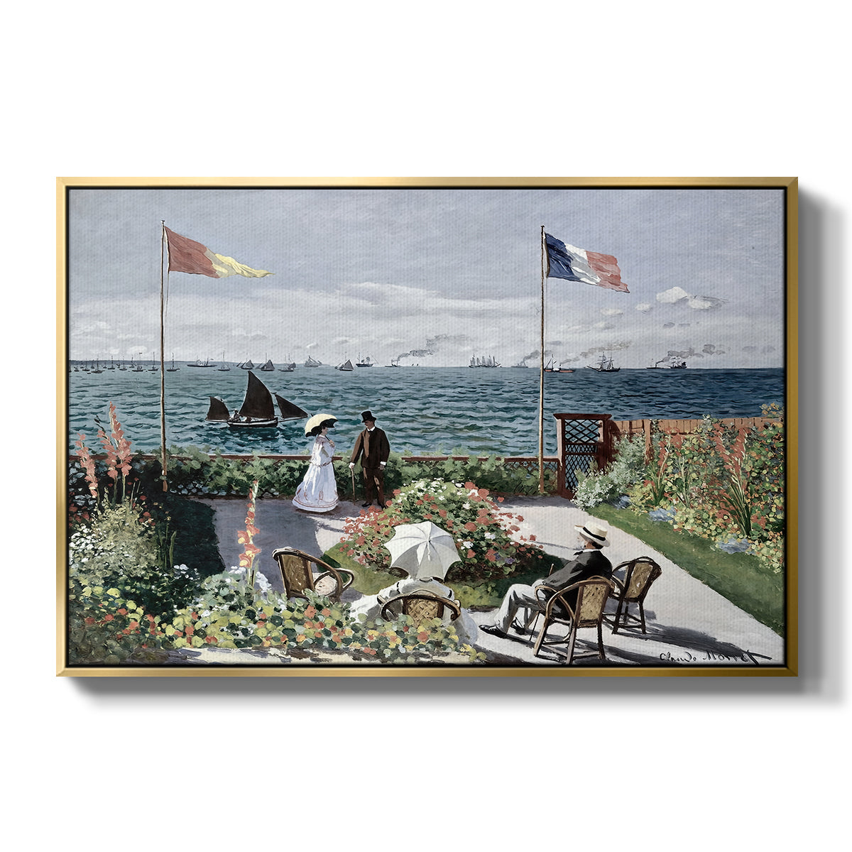 Garden at Sainte-Adresse, 1867 by Claude Monet in a gold floater framed canvas wall art display.
