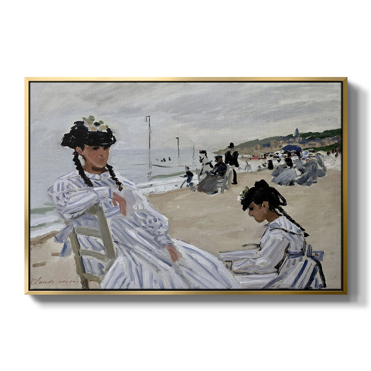 On the Beach at Trouville, 1870 by Claude Monet in a gold floater framed canvas wall art display.