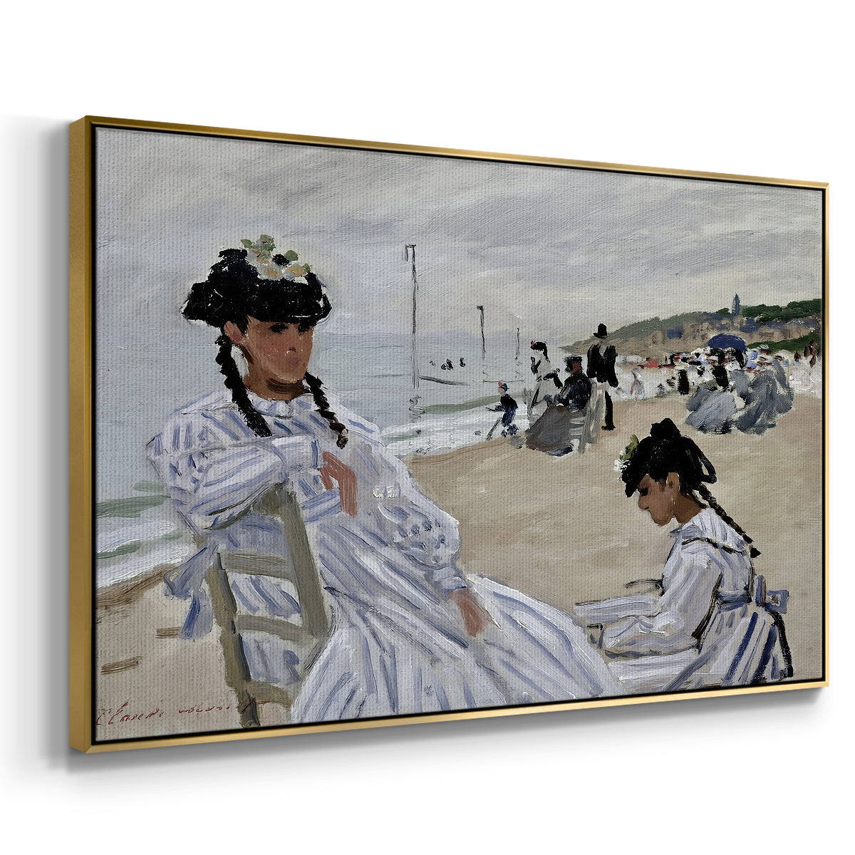 Angled view of On the Beach at Trouville, 1870 by Claude Monet in a gold floater framed canvas.