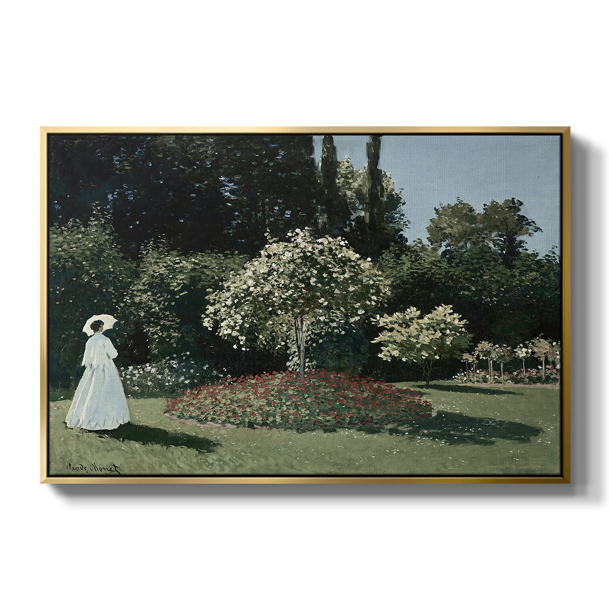 Woman in the Garden, Sainte-Adresse, 1867 by Claude Monet in a gold floater framed canvas wall art display.