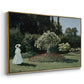 Angled view of Woman in the Garden, Sainte-Adresse, 1867 by Claude Monet in a gold floater framed canvas.