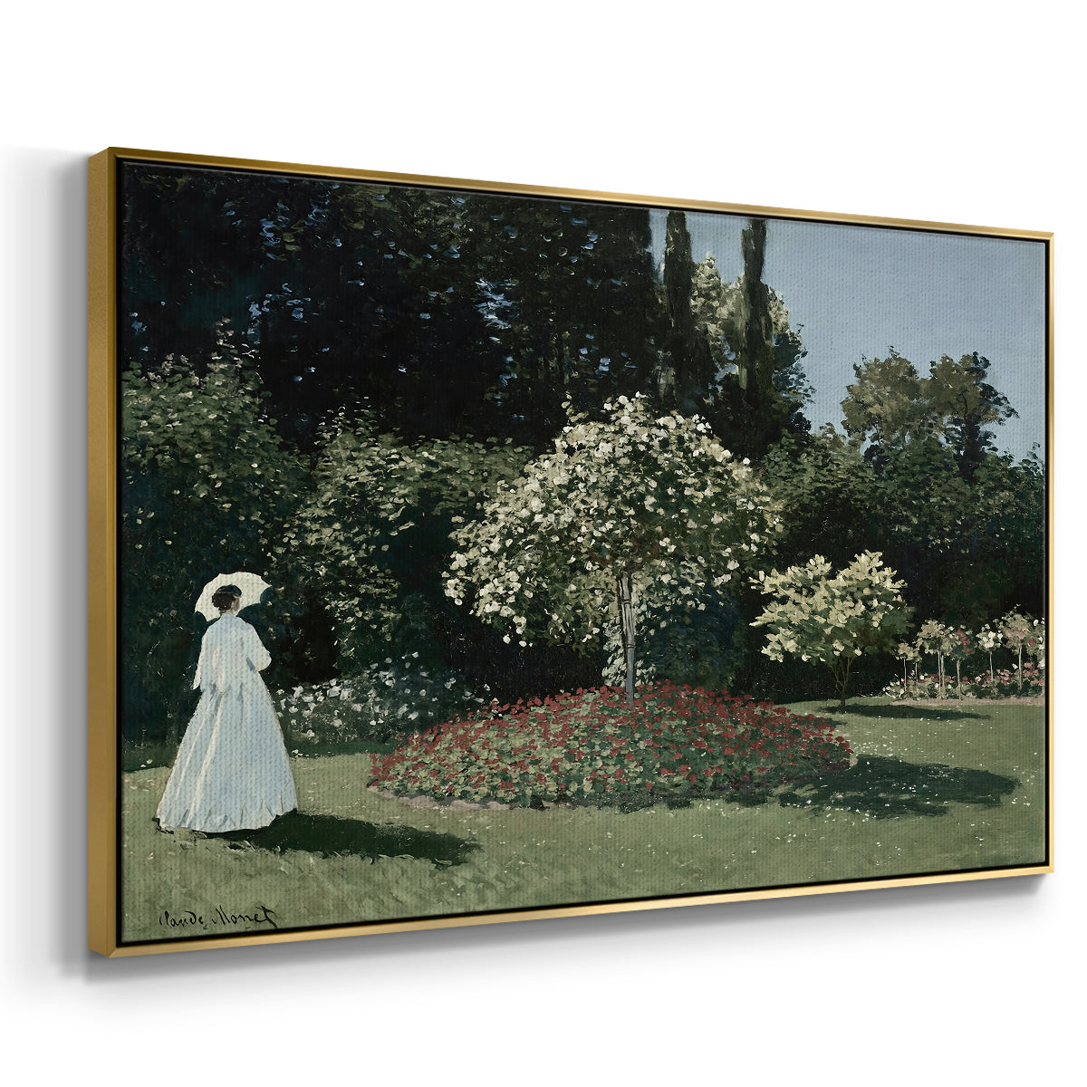 Angled view of Woman in the Garden, Sainte-Adresse, 1867 by Claude Monet in a gold floater framed canvas.