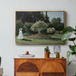 Woman in the Garden, Sainte-Adresse, 1867 by Claude Monet in a gold floater framed canvas featuring a woman standing in garden surrounded by flowers and greenery, displayed above a wood console cabinet.