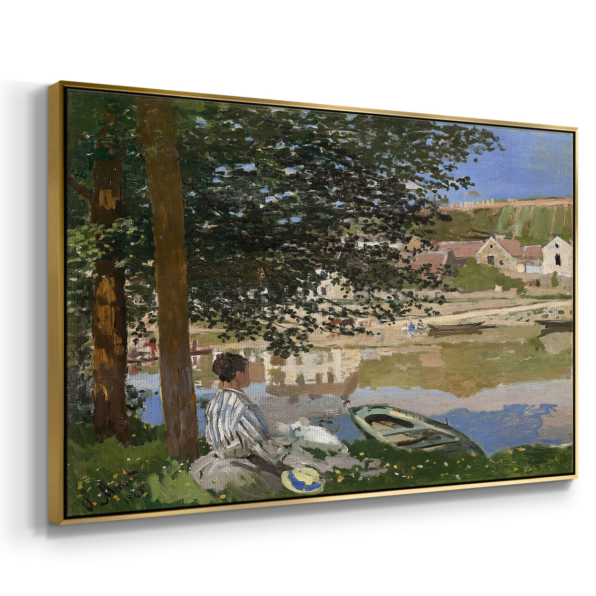 Angled view of On the Bank of the Seine, Bennecourt, 1868 by Claude Monet in a gold floater framed canvas.