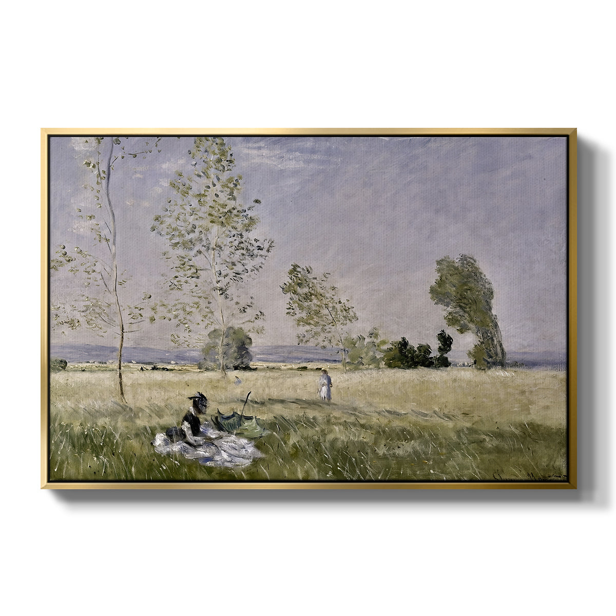 Summer (L'ete), 1874 by Claude Monet in a gold floater framed canvas wall art display.