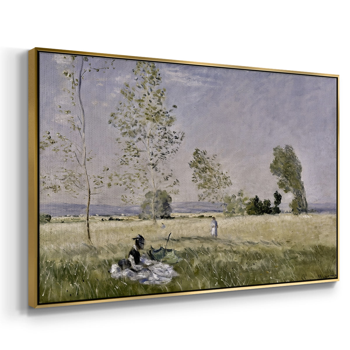 Angled view of Summer (L'ete), 1874 by Claude Monet in a gold floater framed canvas.
