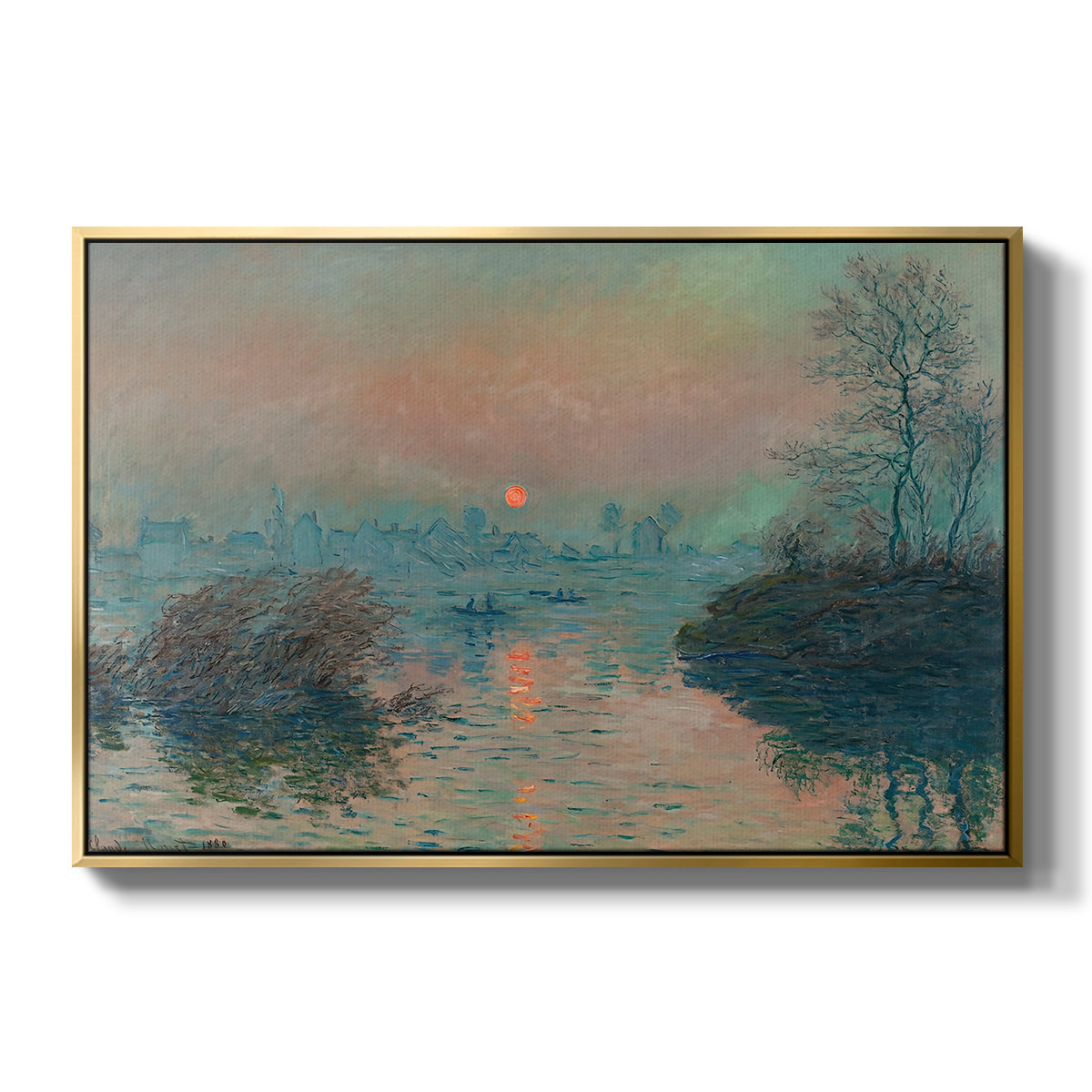 Sunset on the Seine at Lavacourt, Winter Effect, 1880 by Claude Monet in a gold floater framed canvas wall art display.