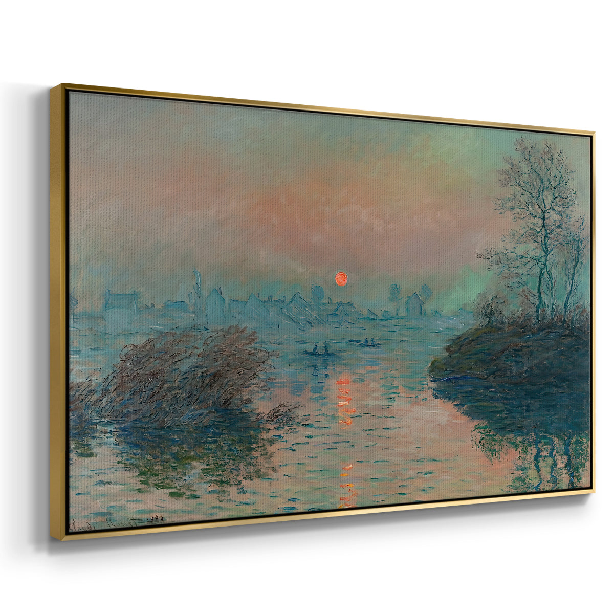 Angled view of Sunset on the Seine at Lavacourt, Winter Effect, 1880 by Claude Monet in a gold floater framed canvas.