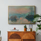 Sunset on the Seine at Lavacourt, Winter Effect, 1880 by Claude Monet in a gold floater framed canvas featuring a glowing sunset over snowy river landscape with soft reflections, displayed above a wood console cabinet.