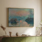Gold floater framed canvas of Sunset on the Seine at Lavacourt, Winter Effect, 1880 by Claude Monet, featuring a winter scene with warm light reflecting on water at dusk above a sideboard in a softly lit hallway.