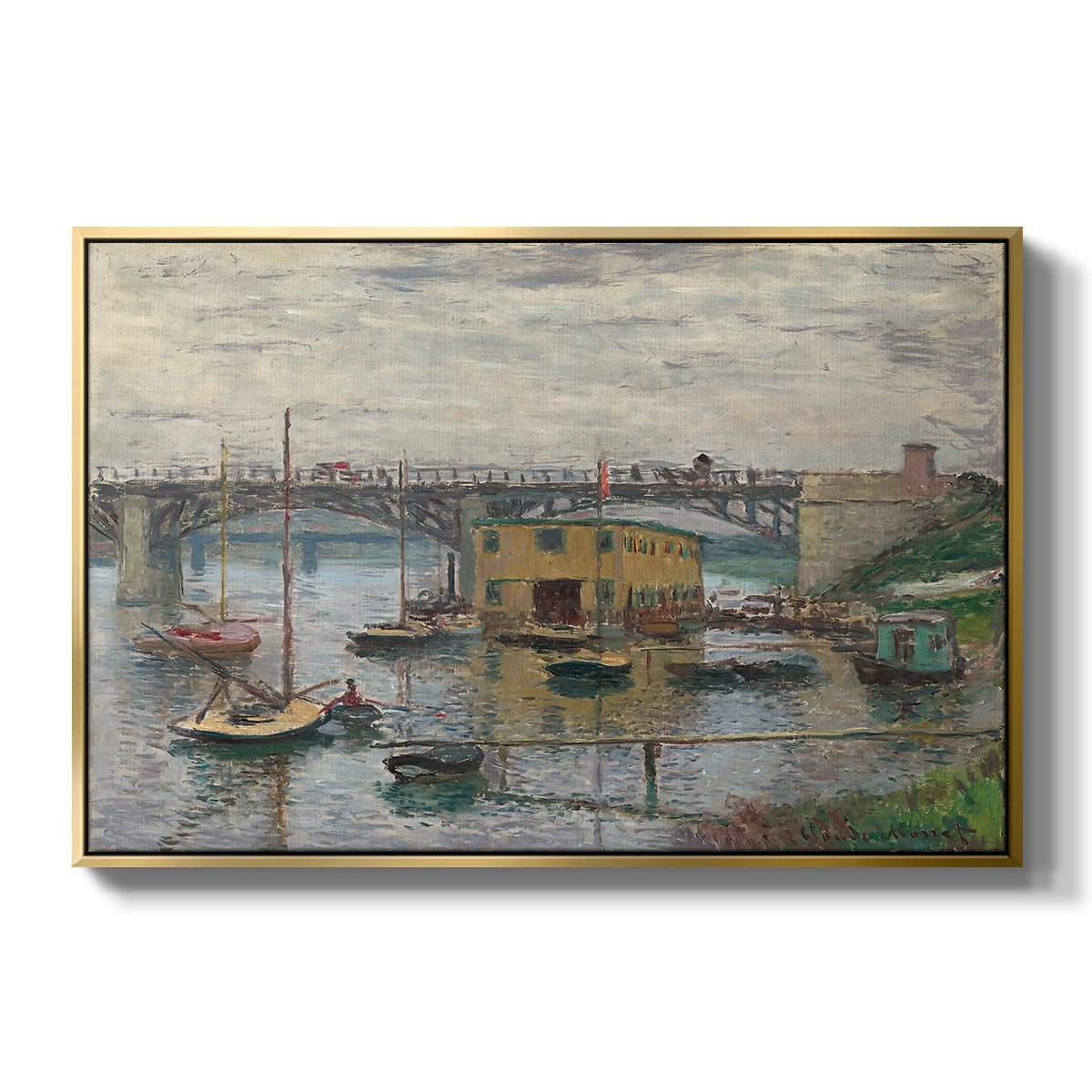Bridge at Argenteuil on a Gray Day, c. 1876 by Claude Monet in a gold floater framed canvas wall art display.