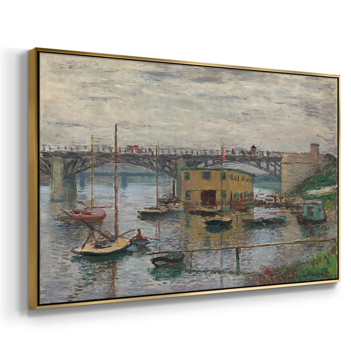 Angled view of Bridge at Argenteuil on a Gray Day, c. 1876 by Claude Monet in a gold floater framed canvas.