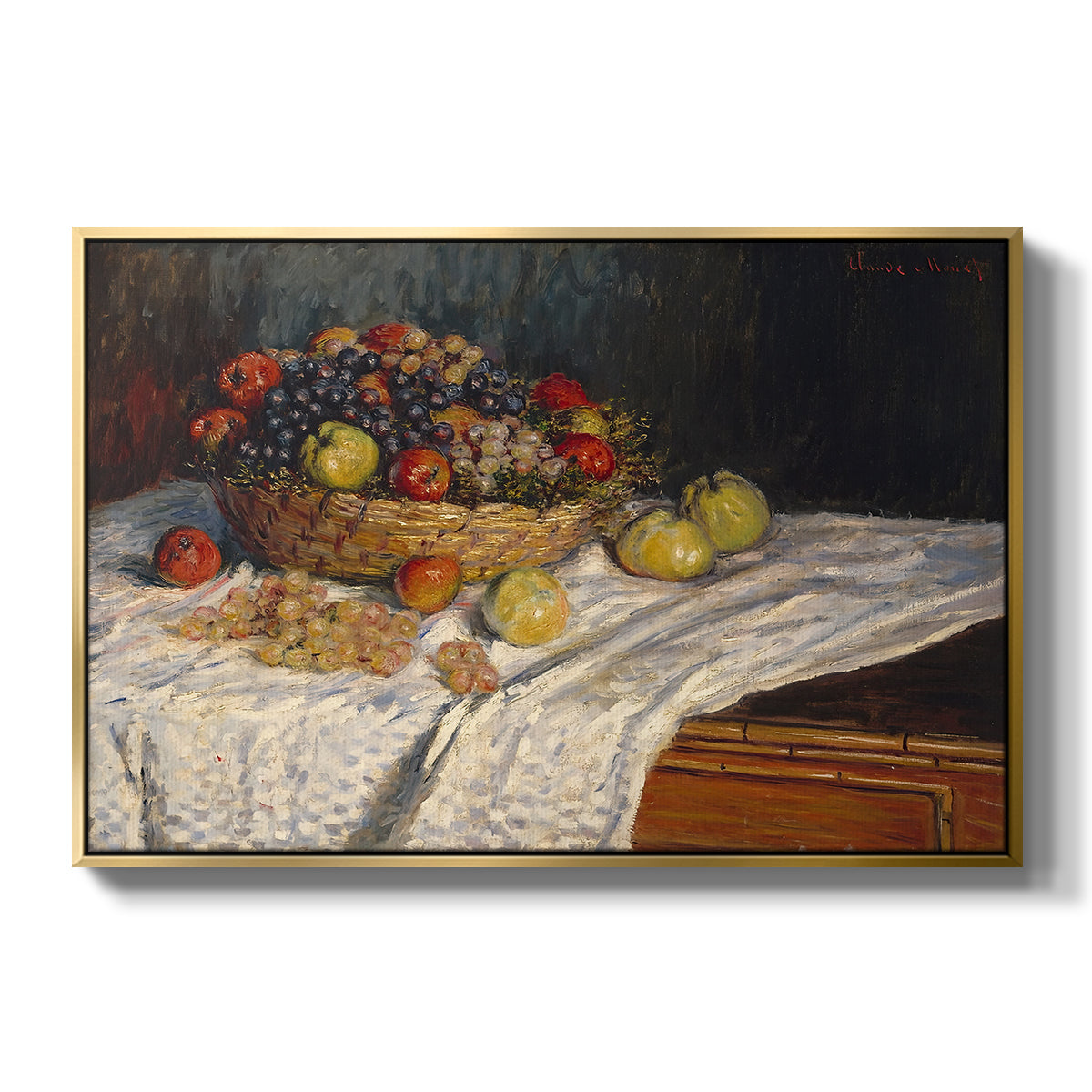 Still Life with Apples and Grapes, 1880 by Claude Monet in a gold floater framed canvas wall art display.