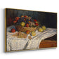 Angled view of Still Life with Apples and Grapes, 1880 by Claude Monet in a gold floater framed canvas.