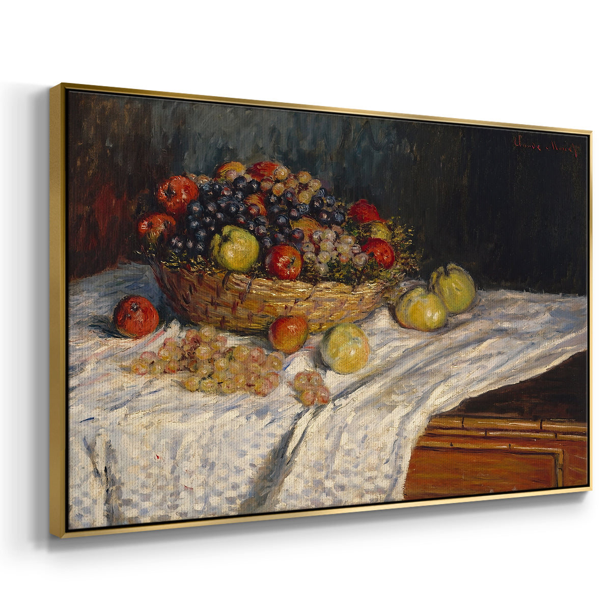Angled view of Still Life with Apples and Grapes, 1880 by Claude Monet in a gold floater framed canvas.