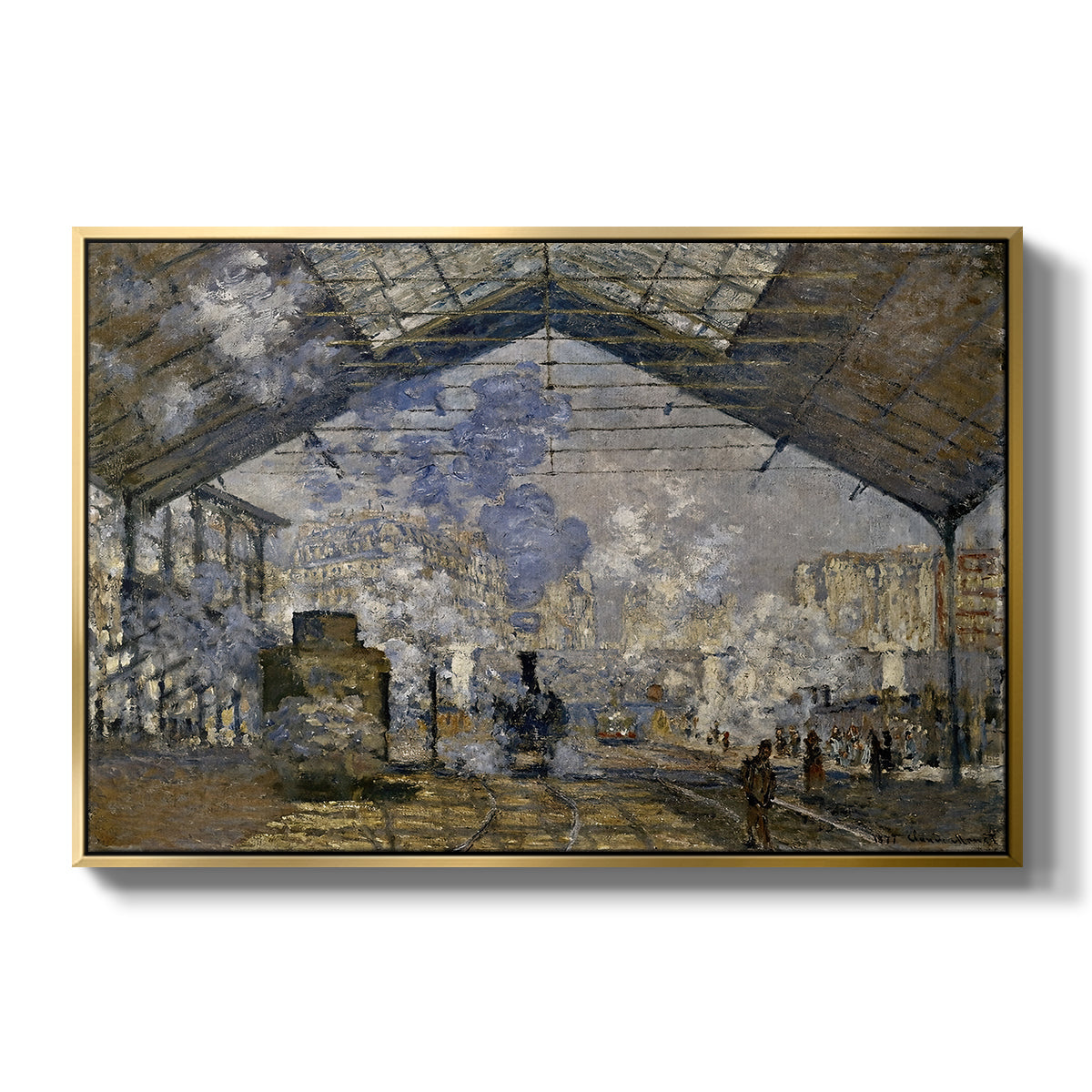 The Gare Saint-Lazare, 1877 by Claude Monet in a gold floater framed canvas wall art display.