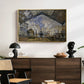The Gare Saint-Lazare, 1877 by Claude Monet displayed in a gold floater framed canvas above a dark wood credenza in an entryway.