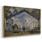 Angled view of The Gare Saint-Lazare, 1877 by Claude Monet in a gold floater framed canvas.