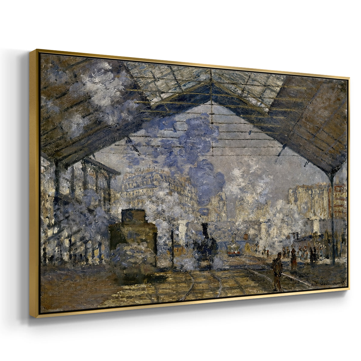 Angled view of The Gare Saint-Lazare, 1877 by Claude Monet in a gold floater framed canvas.