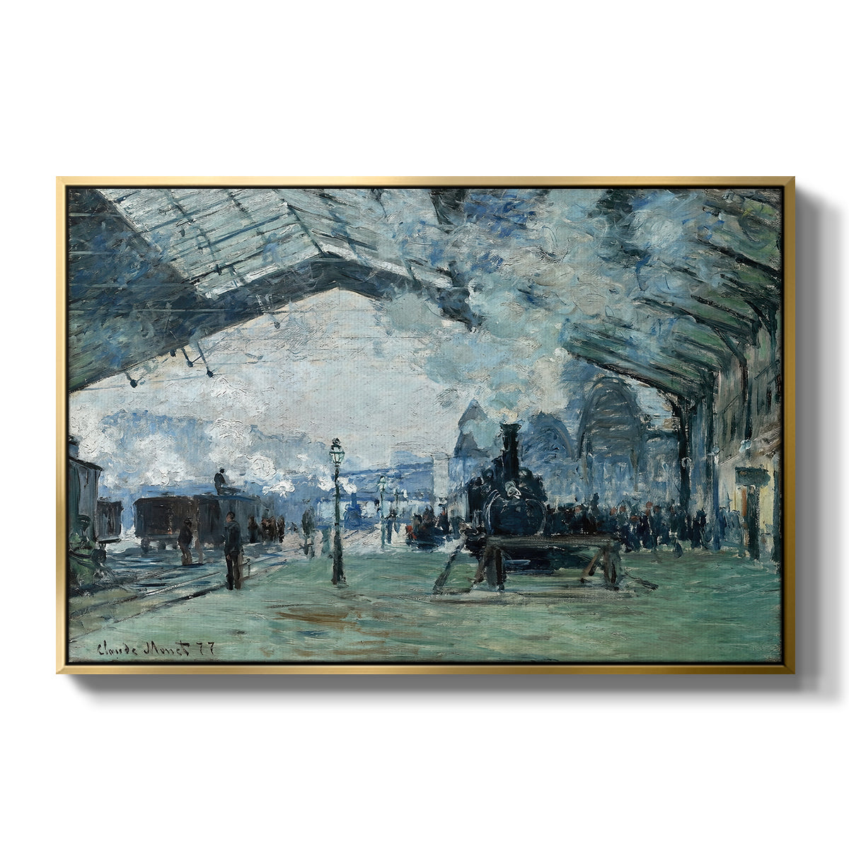The Saint-Lazare Station, 1877 by Claude Monet in a gold floater framed canvas wall art display.