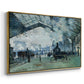 Angled view of The Saint-Lazare Station, 1877 by Claude Monet in a gold floater framed canvas.