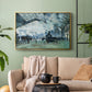Gold floater framed canvas featuring a dramatic depiction of industrial space with trains and light, displayed above a sofa in a modern living room.