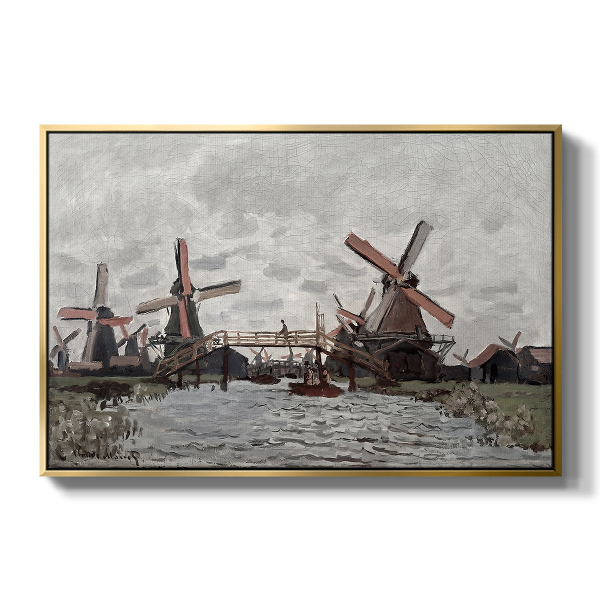 Windmills near Zaandam, 1871 by Claude Monet in a gold floater framed canvas wall art display.