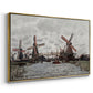 Angled view of Windmills near Zaandam, 1871 by Claude Monet in a gold floater framed canvas.
