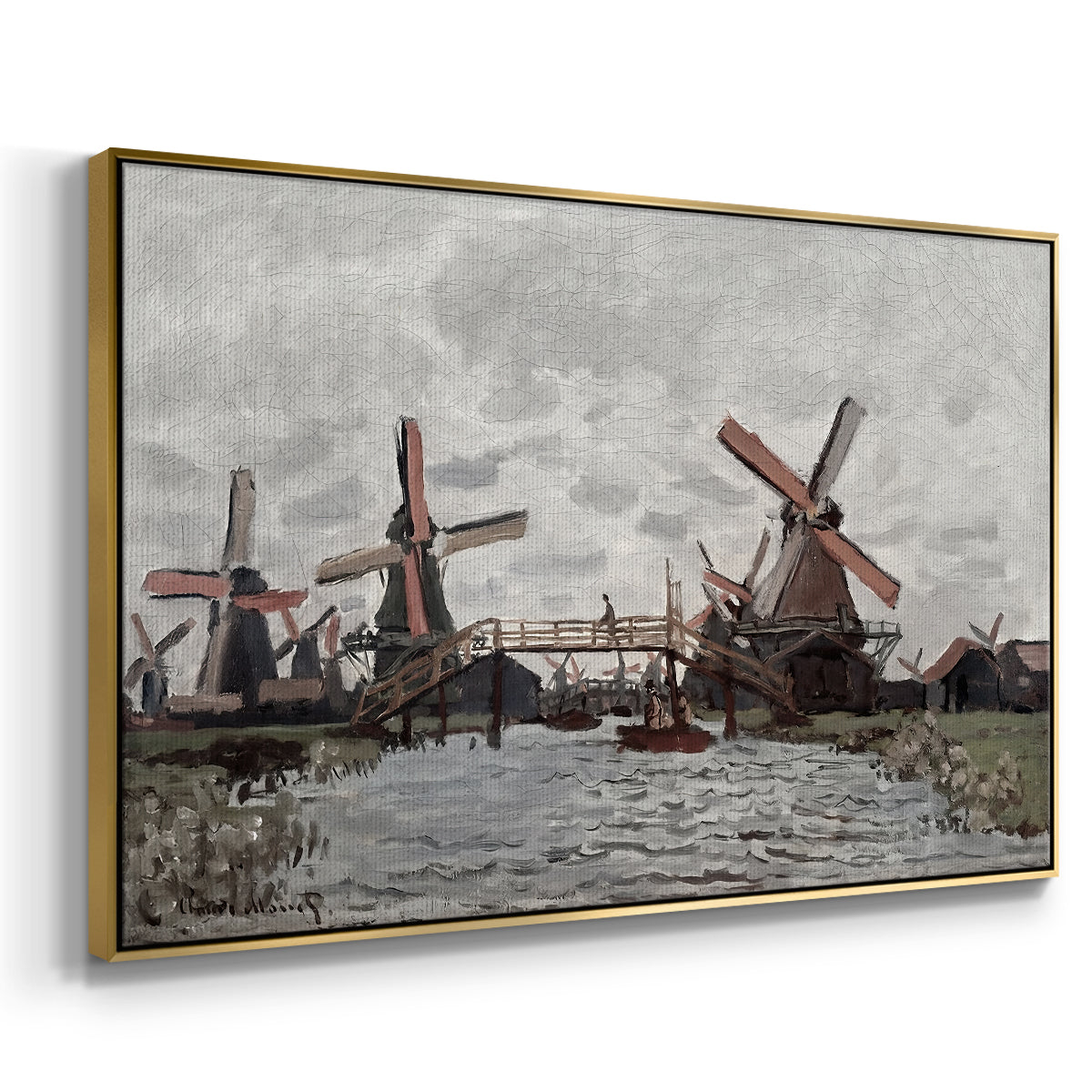 Angled view of Windmills near Zaandam, 1871 by Claude Monet in a gold floater framed canvas.