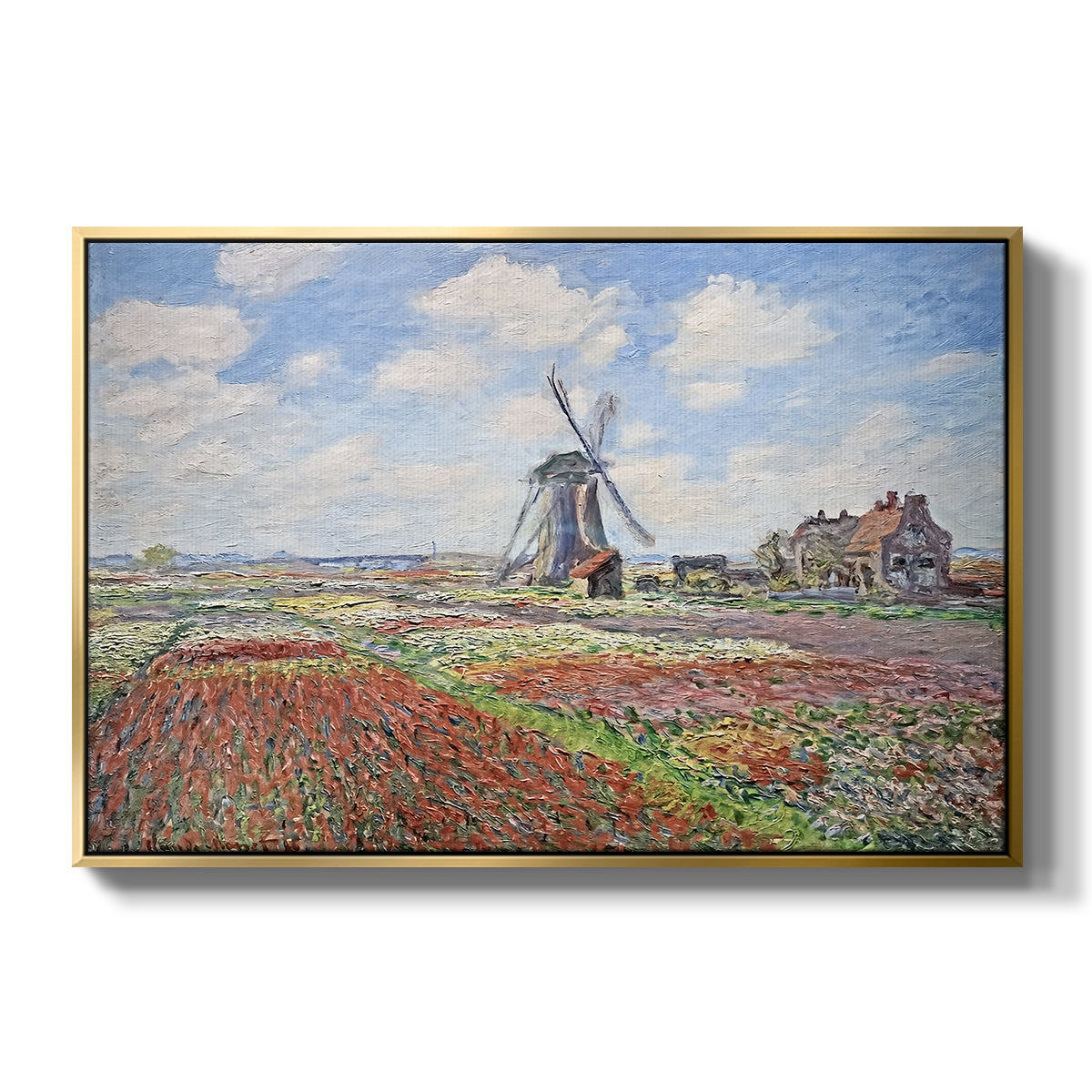 Tulip Fields with the Rijnsburg Windmill, 1886 by Claude Monet in a gold floater framed canvas wall art display.