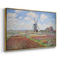 Angled view of Tulip Fields with the Rijnsburg Windmill, 1886 by Claude Monet in a gold floater framed canvas.