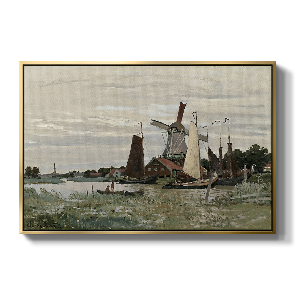 Windmill at Zaandam, 1871 by Claude Monet in a gold floater framed canvas wall art display.