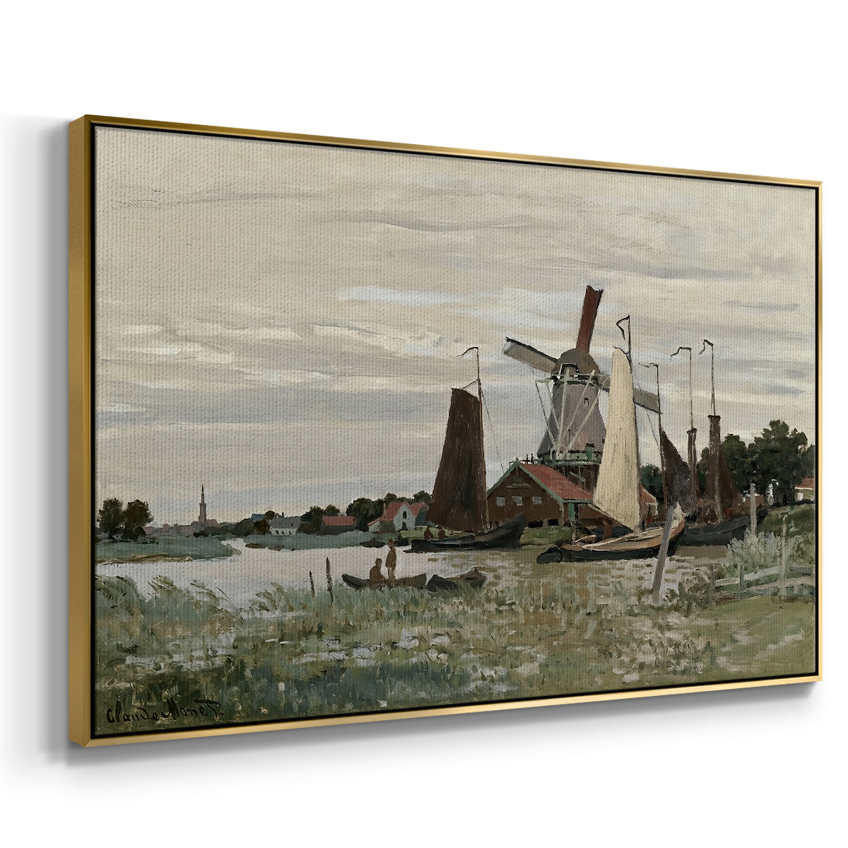 Angled view of Windmill at Zaandam, 1871 by Claude Monet in a gold floater framed canvas.