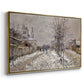 Angled view of The Boulevard de Pontoise at Argenteuil, Snow Effect, 1875 by Claude Monet in a gold floater framed canvas.